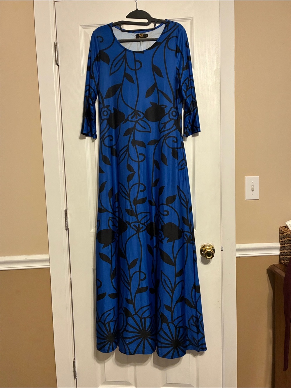 Blue Maxi Dress with Black Floral Motif